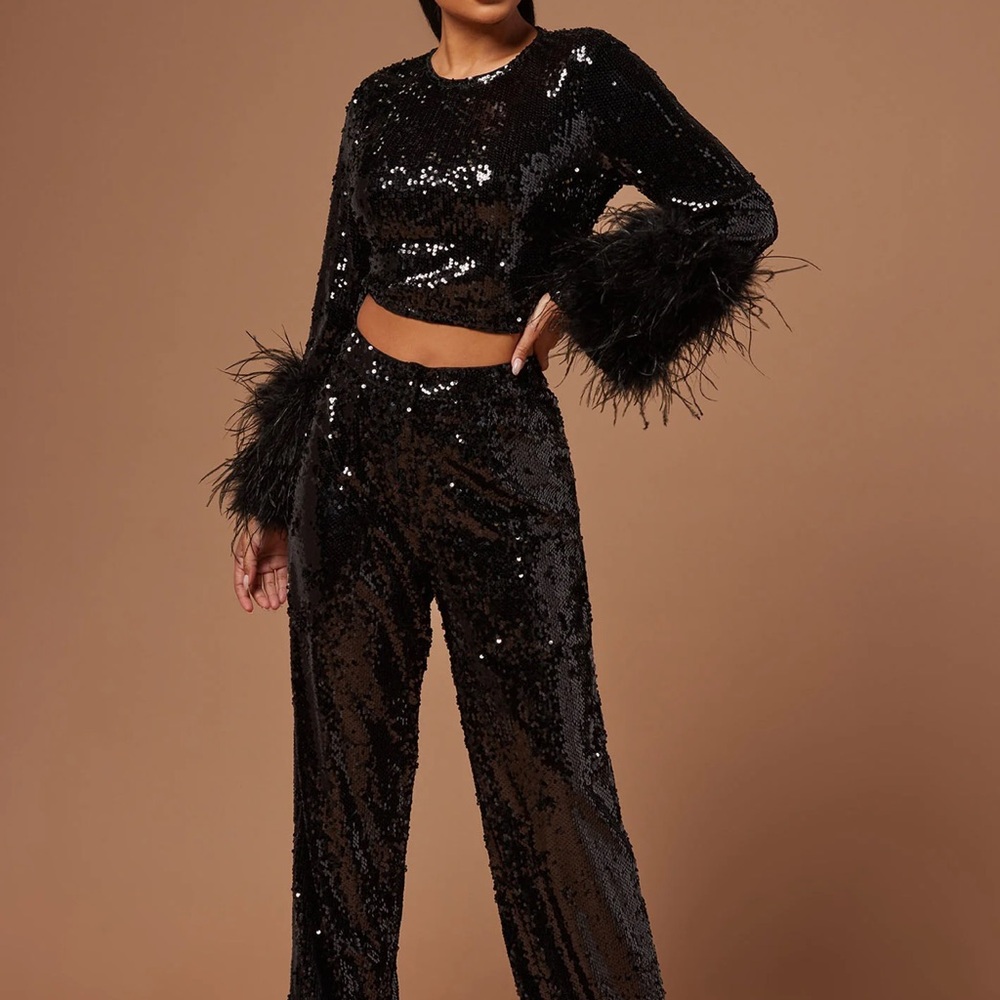 Sequin Black Jumpsuit with Feather Details
